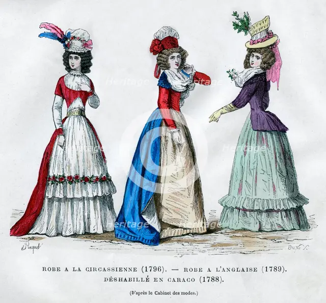 Circassian dress, 1796, English dress, 1789, and caraco housecoat, 1788 (1882-1884). Artist: Unknown