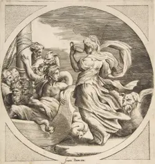 Circe drinking from a cup with the companions of Ulysses in a boat at left, a circular ..., 1531-76. Creator: Giulio Bonasone