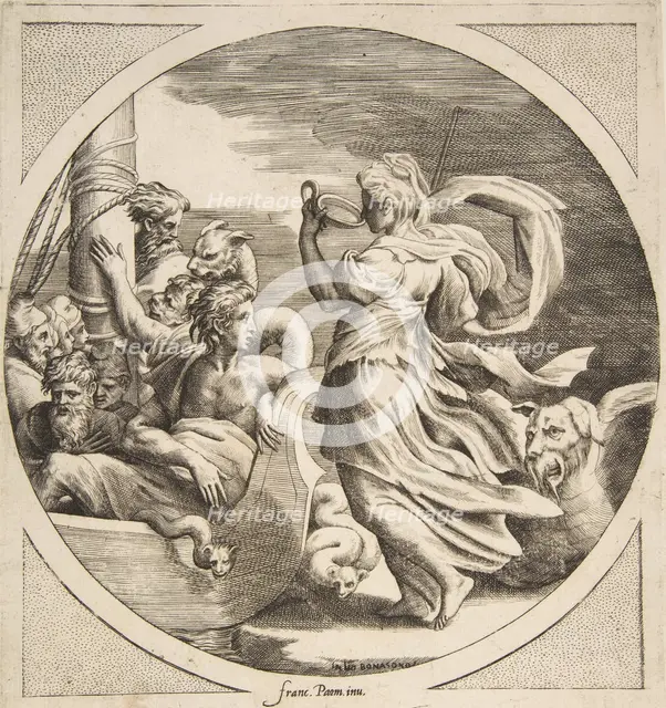 Circe drinking from a cup with the companions of Ulysses in a boat at left, a circular ..., 1531-76. Creator: Giulio Bonasone.