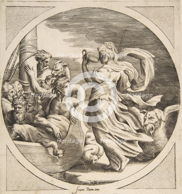 Circe drinking from a cup with the companions of Ulysses in a boat at left, a circular ..., 1531-76. Creator: Giulio Bonasone.