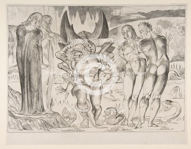 Circle of Theives: Agnello Brunelleschi Attacked By a Six-Footed Serpent, from Dan..., ca. 1825-27. Creator: William Blake.