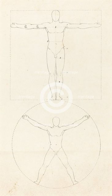 Circle and Square of the Human Figure, published 1829. Creator: George Scharf.