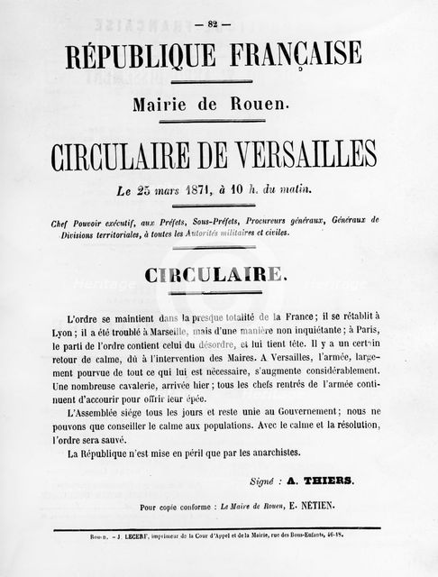 Circulaire de Versailles, from French Political posters of the Paris Commune,  May 1871. Artist: Unknown