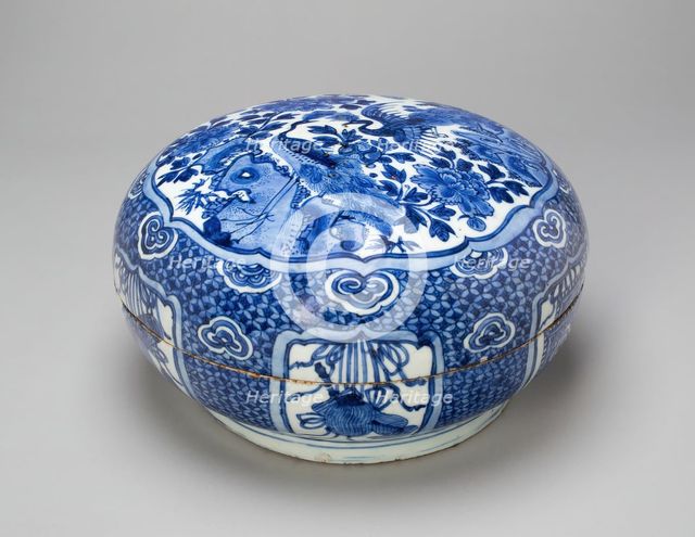 Circular Box with Peacocks, Peonies, and Auspicious Motifs, Ming dynasty, Wanli period (1573-1620). Creator: Unknown.