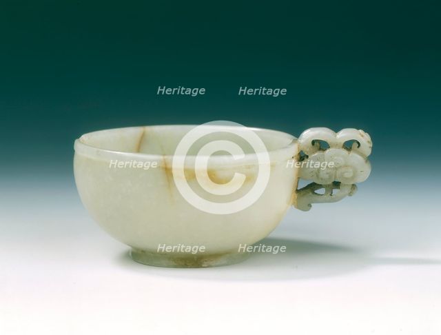 Circular jade cup with lingzhi handle, Jin or Yuan dynasty, China, 1125-1368. Creator: Unknown.