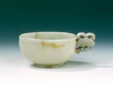 Circular jade cup with lingzhi handle, Jin or Yuan dynasty, China, 1125-1368. Creator: Unknown