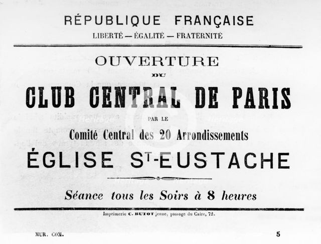 Club Central de Paris, from French Political posters of the Paris Commune,  May 1871. Artist: Unknown