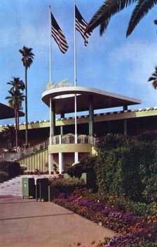 Clubhouse entrance, Hollywood Park Racetrack, Inglewood, Los Angeles, California, USA, 1953