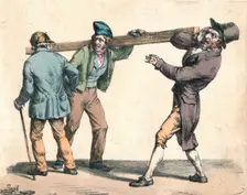 Clumsy man carrying a length of wood, 19th century. Creator: Unknown
