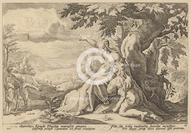 Clymene Urging Phaeton to Find Helios, 1589. Creator: Goltzius, Workshop of Hendrick, after Hendrick Gol.