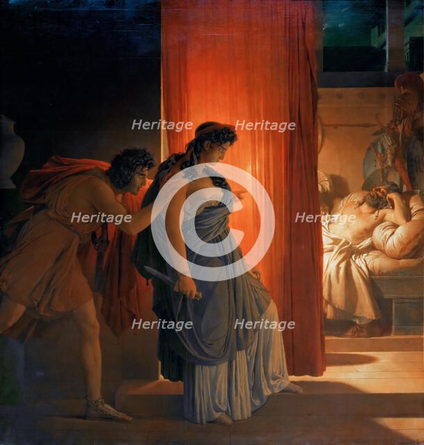 Clytemnestra hesitates before killing the sleeping Agamemnon. Artist: Guérin, Pierre Narcisse, Baron (1774-1833)