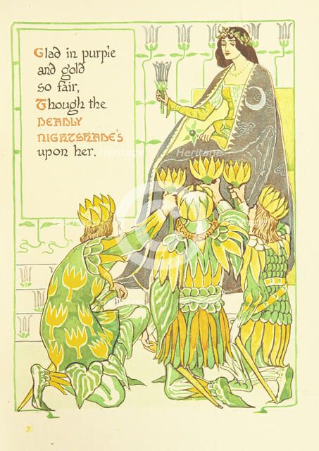 Clad in purple and gold so fair, Though the Deadly Nightshade's upon her, 1899.  Creator: Walter Crane.