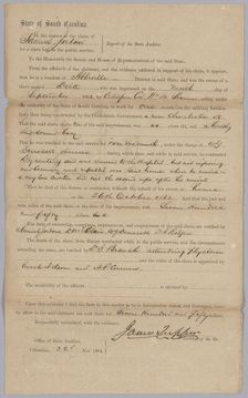 Claim awarded by the Confederate state of South Carolina for enslaved man Dick, November 23, 1864. Creator: James Tupper