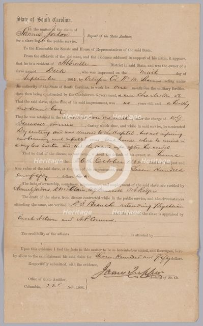 Claim awarded by the Confederate state of South Carolina for enslaved man Dick, November 23, 1864. Creator: James Tupper.