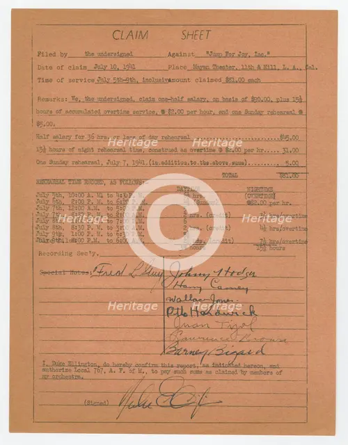 Claim sheet for unpaid salary for orchestra musicians, 1941. Creator: Unknown.
