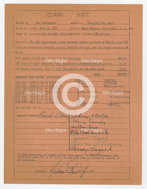 Claim sheet for unpaid salary for orchestra musicians, 1941. Creator: Unknown.
