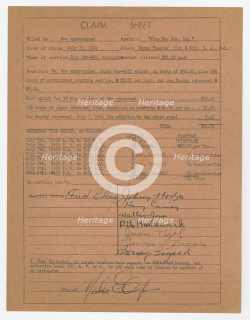 Claim sheet for unpaid salary for orchestra musicians, 1941. Creator: Unknown.