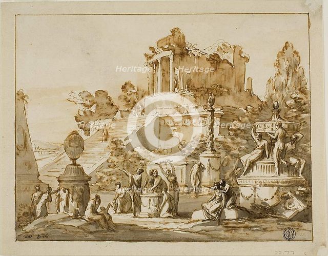 Classical Landscape with Ruined Temple on Hill, Female Figures Below, n.d. Creator: Antonio Zucchi.