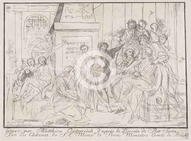 Classical scene of figures gathered around an orator at right (possibly related to healing..., 1752. Creator: Matthias Oesterreich.