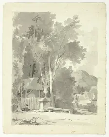 Classical Urn in Front of a Shed, with Temple and Mountain in Background, n.d. Creator: Pierre Antoine Mongin