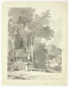 Classical Urn in Front of a Shed, with Temple and Mountain in Background, n.d. Creator: Pierre Antoine Mongin
