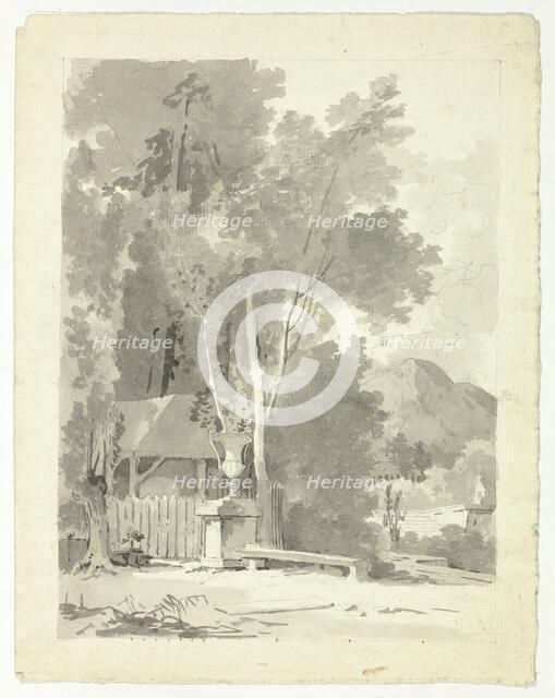 Classical Urn in Front of a Shed, with Temple and Mountain in Background, n.d. Creator: Pierre Antoine Mongin.