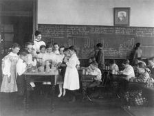 Classroom scene in Washington, D.C. elementary school - children working with blocks..., (1899?). Creator: Frances Benjamin Johnston