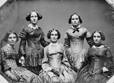 Clark sisters, five women, three-quarter length portraits, all facing front, between 1840 and 1860. Creator: Unknown