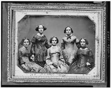 Clark sisters, five women, three-quarter length portraits, all facing front, between 1840 and 1860. Creator: Unknown