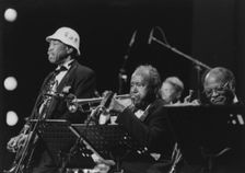 Clark Terry, Harry "Sweets" Edison, Al Grey, Lionel Hampton and..., North Sea Jazz Festival, 1994. Creator: Brian Foskett