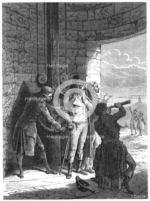 Claude Chappe demonstrating his optical telegraph (semaphore) system in 1793 (c1870).  Creator: Unknown.