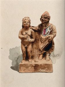 Clay figures, the right one clothed and placing his hand on the left one, who is naked... Creator: Unknown