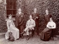 Claybury Asylum, Woodford, Essex: six members of staff, and a dog, (1893?). Creator: London & County Photographic Co