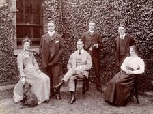 Claybury Asylum, Woodford, Essex: six members of staff, and a dog, (1893?). Creator: London & County Photographic Co