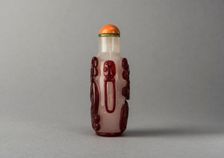 Clear glass snuff bottle with red overlay, China, Qing dynasty, 1644-1911. Creator: Unknown