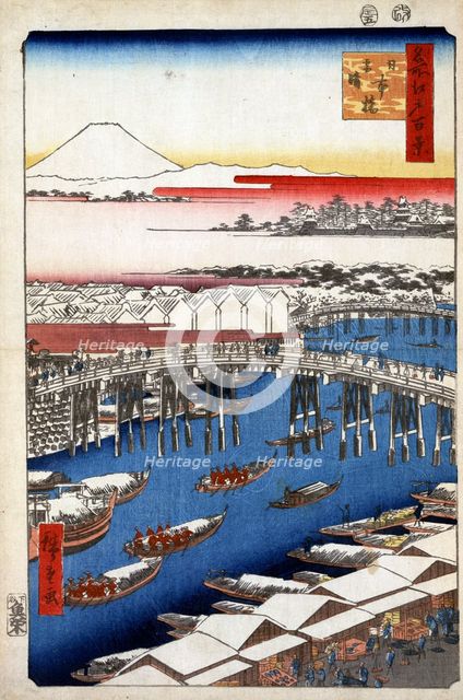 Clearing Weather after Snow at Nihon Bridge, (One Hundred Famous Views of Edo), 1856-1858. Creator: Hiroshige, Utagawa (1797-1858).