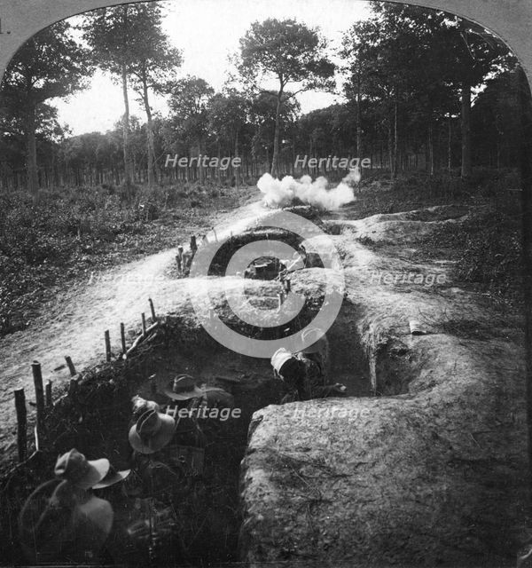 Clearing the remaining Germans out of the trenches by hand grenages, 1900s.Artist: Crown
