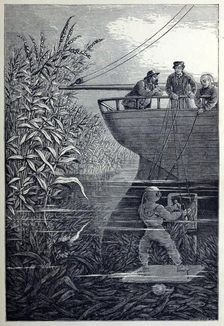 Clearing the Screw, from Under the Waves, or Diving in Deep Waters, pub. 1887. Creator: English School (19th Century)