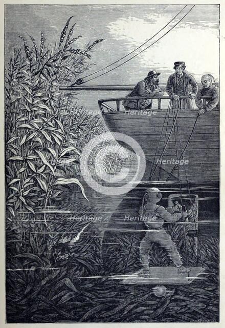 Clearing the Screw, from Under the Waves, or Diving in Deep Waters, pub. 1887. Creator: English School (19th Century).