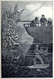 Clearing the Screw, from Under the Waves, or Diving in Deep Waters, pub. 1887. Creator: English School (19th Century)
