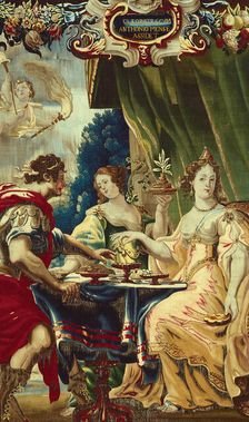 Cleopatra and Antony Enjoying Supper, from The Story of Caesar and Cleopatra, Brussels, c. 1680. Creator: Gerard Peemans