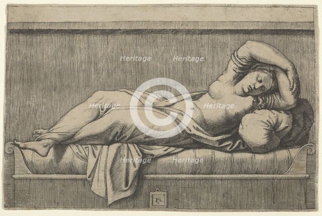 Cleopatra lying partly naked on a bed, ca. 1515-27. Creator: Marcantonio Raimondi.