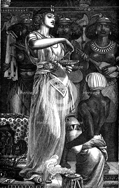 Cleopatra VII (69-30 BC), Queen of Egypt, dissolving pearls in wine, 1866. Artist: Frederick Augustus Sandys