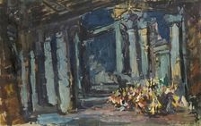 Cleopatra's Palace, Egyptian Hall. Stage design for the opera-ballet Mlada by Rimsky-Korsakov, 1916. Creator: Korovin, Konstantin Alexeyevich (1861-1939)