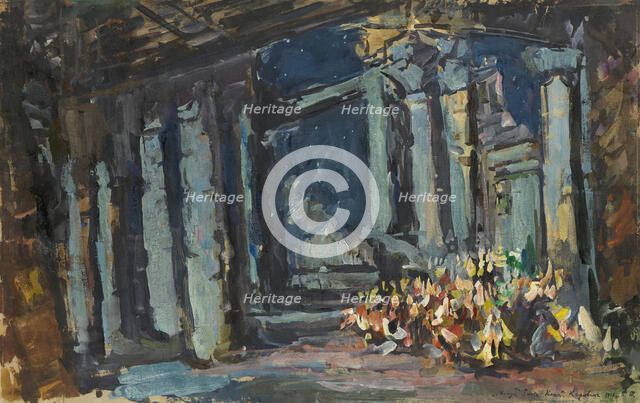 Cleopatra's Palace, Egyptian Hall. Stage design for the opera-ballet Mlada by Rimsky-Korsakov, 1916. Creator: Korovin, Konstantin Alexeyevich (1861-1939).