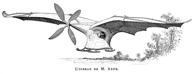 Clement Ader's flying bird 'Eole', the first piloted plane to take off under its own steam, 1890. Artist: Unknown