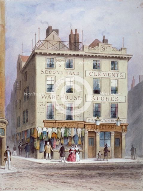 Clement's Stores at the junction of Holywell Street and Wych Street, Westminster, London, 1855.      Artist: Thomas Hosmer Shepherd
