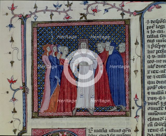 Clergyman marrying a couple, Miniature 'Libri III-IV. Distinctionum', codex, 1348, by Henricus vo…