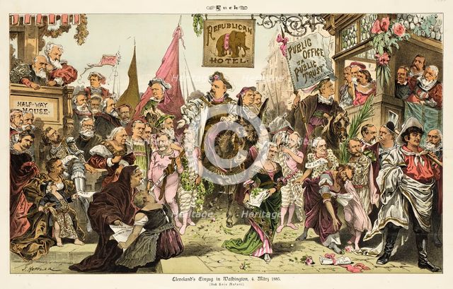 "Cleveland's entry into Washington - March 4th. 1885.", 1885. Creators: Joseph Keppler, Bernhard Gillam.