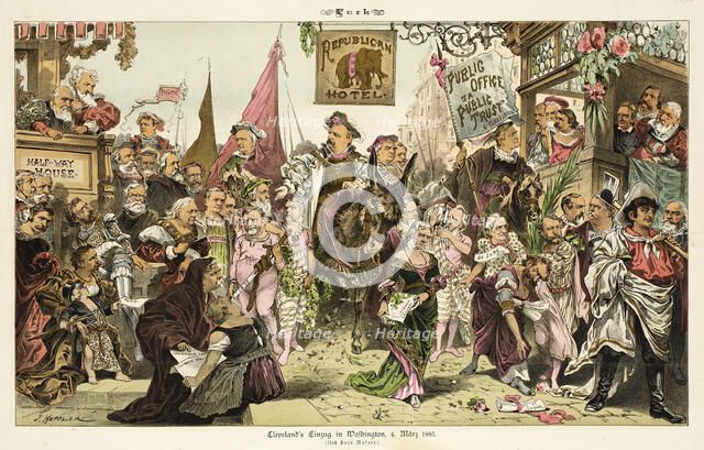 "Cleveland's entry into Washington - March 4th. 1885.", 1885. Creators: Joseph Keppler, Bernhard Gillam.